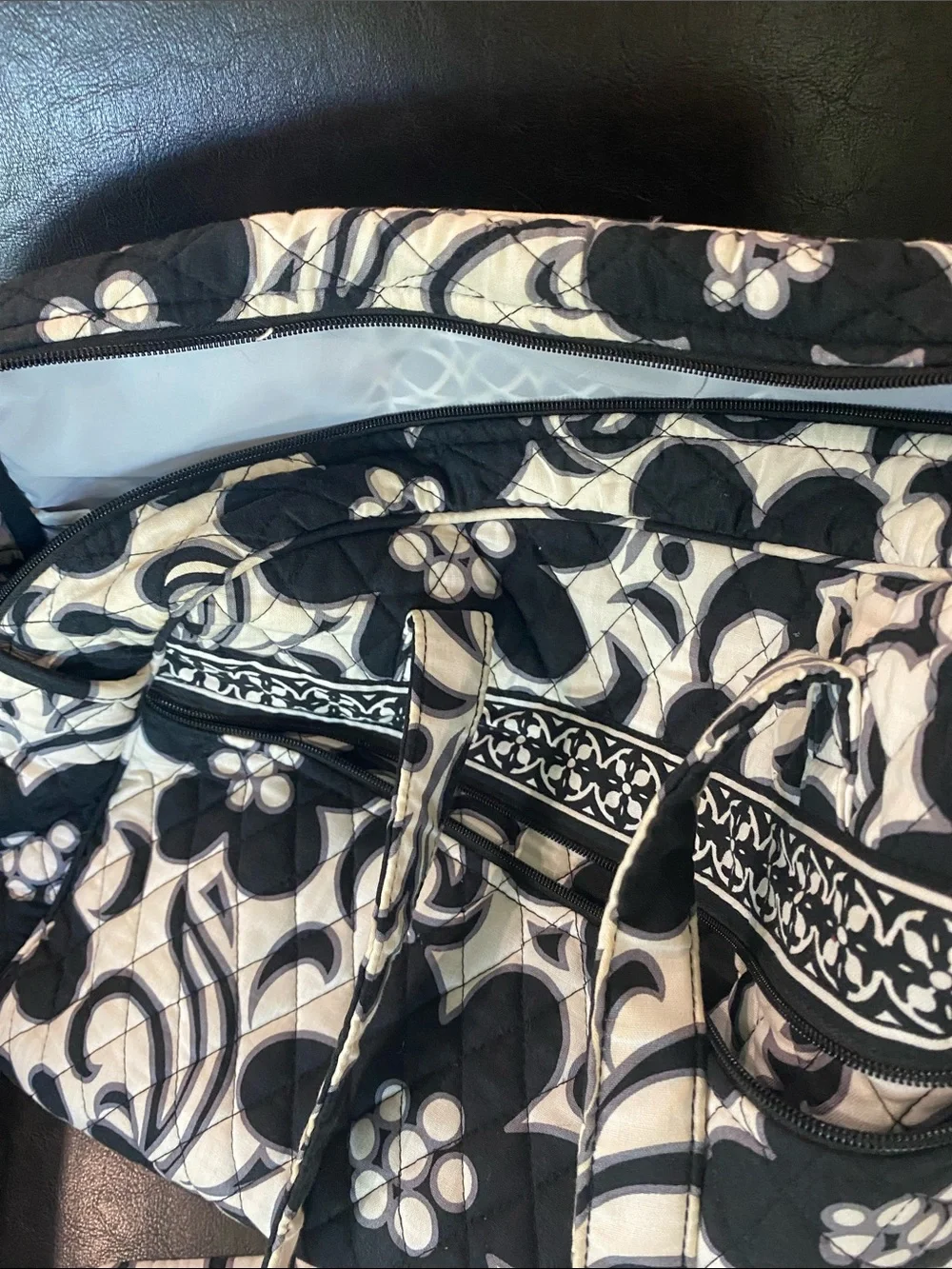 Vera Bradley Black & White Quilted Floral Tote with Pink Monogram